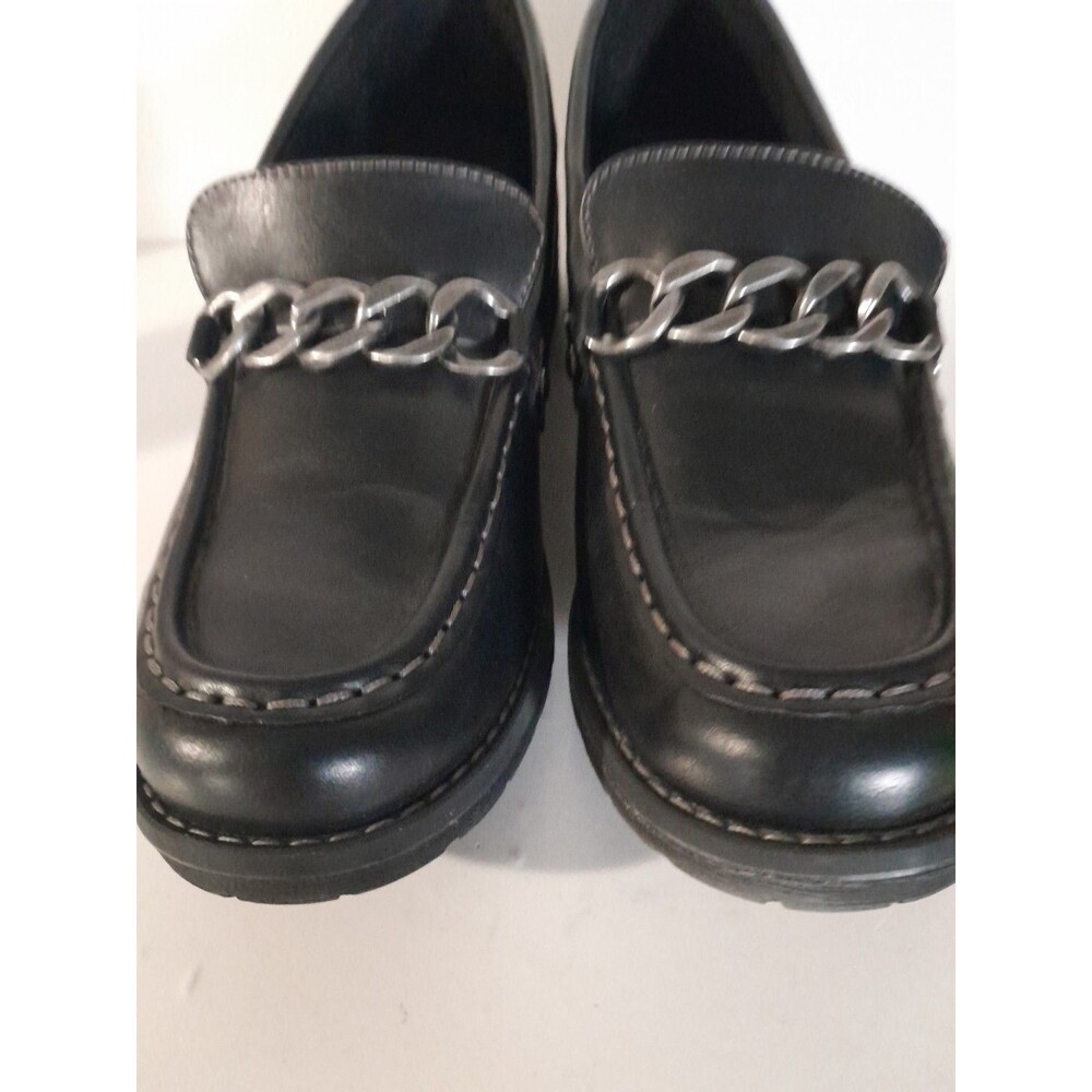 Eastland Nora Chunky Slip-on Loafers Black Size 8 1/2 M SILVER CHAIN DESIGN